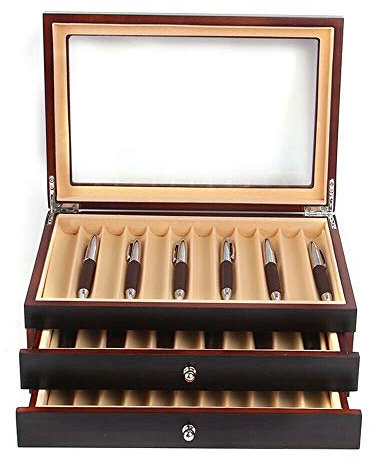 Stiftebox Holz für 34 Füller Stifte Kugelschreiber Federhalter Display Box Organizer Box mit Glasfenster Drei Ebene Vitrine mit Schubladen