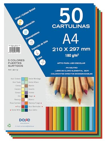 Dohe - Cartulinas A4 Colores Fuertes para Manualidades e Impresión (50 uds.) - 21x29,7 cm - 180 g/m² - Material de oficina