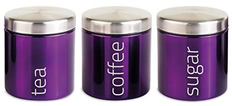 SQ Professional Stainless Steel Tea Coffee Sugar Canisters Sets of 3 Tea Caddy Sets for the Kitchen Storage Pots Jars Tea and Sugar Containers Purple (Amethyst)