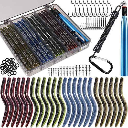 PLUSINNO 5.5 Wacky Worm Fishing Lure Kit, 137PCS Soft Plastic Fishing Lures, Grub Baits Hook Wacky Rig Bass Trout Fishing Worms Lures w/Tackle Box-A