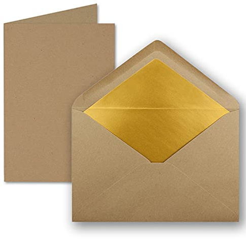 FarbenFroh by GUSTAV NEUSER 10 Sets - Faltkarten DIN A5 - Sandbraun (Kraftpapier) mit Umschläge DIN C5 mit Gold Metallic Futter - 14,8 x 21 cm