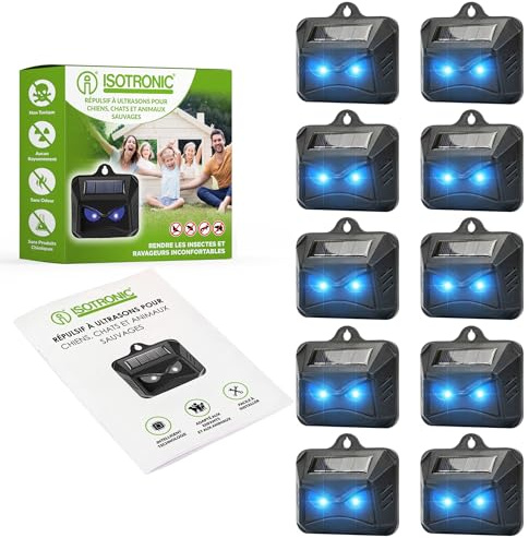 ISOTRONIC Solcellsskrämma mot vilda djur som tvättbjörnar, rådjur, rävar, vildsvin och mycket mer. 10 x effektivt djurskydd med blått LED-ljus