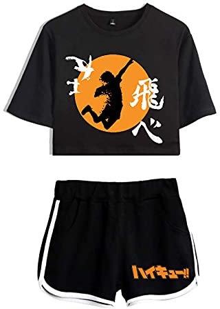 Flyself Jungen Mädchen Haikyuu Crop Top T-Shirt und Kurze Hose Set Karasuno High School Volleyball Uniform Sommer Sportanzug Trainingsanzüge Outfits Hinata Shyouyou Tobio Kageyama Cosplay Costume