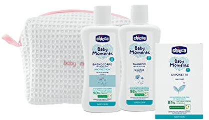 Chicco Baby Moments Hygiene-Set für Neugeborene, bestehend aus Körperbad, Shampoo und Seife, geeignet für empfindliche Kinderhaut, BeautyBauty Bag mit Reißverschluss, Geschenkidee, Geschenkbox, 0
