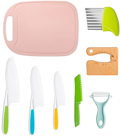 Kids Knife Set, 8pcs Kids Safe Knifes Include Wood Kids Safe Knife, Serrated Edges Plastic Toddler Knives, Crinkle Cutter, Potato Slicers Cute Rectangle Cutting Board Kids Kitchen Real Cooking