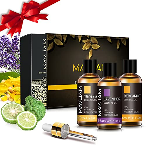 MAYJAM Coffret Huiles Essentielles 3 * 30ml Ylang Ylang Lavande Bergamote Huiles Essentielles, Coffret Cadeau D'Huiles Essentielles D'AromathéRapie Pour Diffuseur, Humidificateur