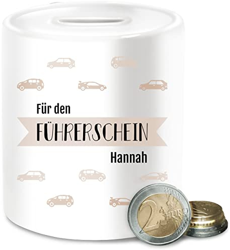 Spardose für den Führerschein mit Name personalisiert I Fahrerlaubnis Sparbüchse Lappen - Unisize - Weiß - geldgeschenk fahrschule fuehrerschein Auto Kasse personalisierte Roller spardosen zur
