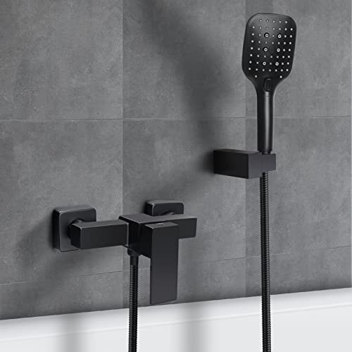 SHANFO Mitigeur Douche,Montage Mural Salle de Bain Robinet de douche,avec Douchette,Flexible et Support,Noir,5Y3OK