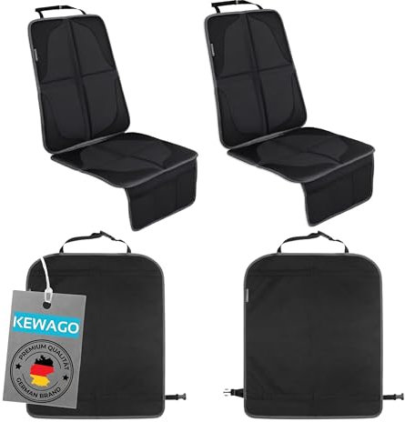 Kewago Sitzschoner Auto Kindersitz Set – 2X Kindersitzunterlage ISOFIX geeignet & 2X Rückenlehnenschutz – Autositzschoner Rückbank & Sitzschutz Vordersitze – Schwarz Grau