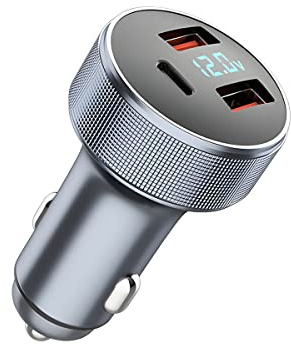 Adaptador de cargador rápido de coche de 72 W, cargador de coche tipo C de carga rápida USB dual con adaptador de pantalla LED, adaptador de encendedor de cigarrillos QC 3.0 PD para laptop, smartphone