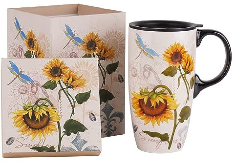 DUSVALLY Ceramic Mug Coffee Cup with Sealed Lid and Gift Box Latte Mug with Handle for Home and Office 17oz.Sunflowers