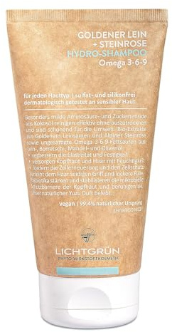 LICHTGRÜN® Hydro-Shampoo 150 ml, sulfat- und silikonfreies Naturkosmetik-Shampoo mit Omega-3-6-9, Bio-Lein und Alpiner Bio-Steinrose, für sensible Kopfhaut mit natürlichem Yuzu-Duft, Made in Germany