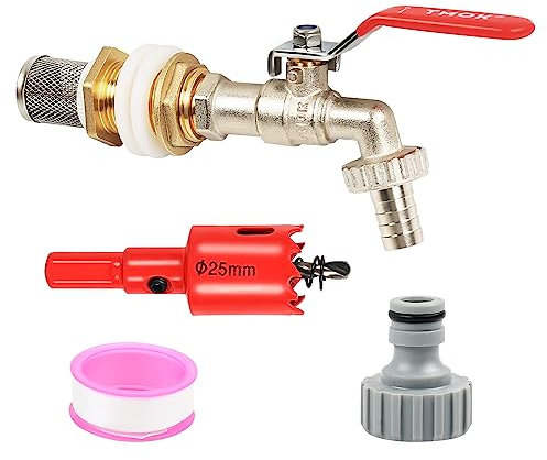 MaxEarn 1/2 Zoll Kugelauslaufhahn, Messing IBC Auslaufhahn, S60x6 Kugel Auslaufventil, Garten Wasserhahn mit Schlauchverschraubung+Filtersieb+Lochsäge, für IBC Regenwassertank Container