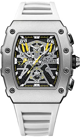 MEGIR Orologio da polso al quarzo con cinturino in silicone sportivo militare da uomo alla moda luminoso Tonneau quadrante cronografo con data, 2218 Bianco