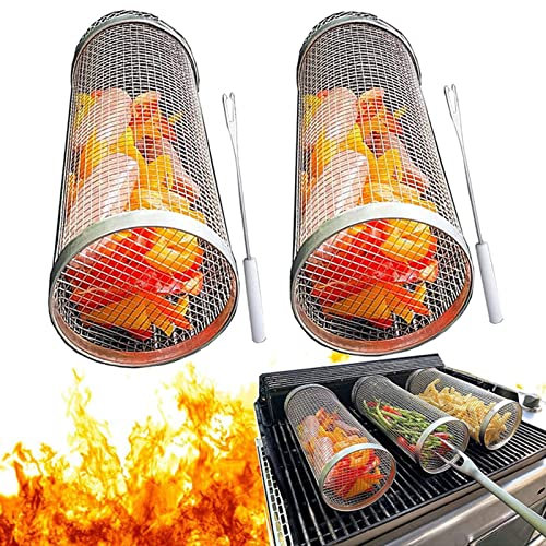 RISELY 2 Stück Rotisserie-Korb, Grill-Holzkohlekörbe, Edelstahl-Grill, Drahtgeflecht-Körbe, Camping-Geschenkkorb, Camping-Zubehör, Kochen, Kabob-Grillkorb(30CM)