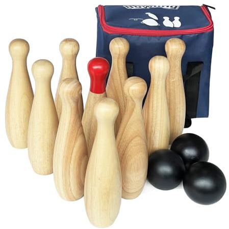 Set da gioco in legno da bowling – 10 perni e 3 palline in una borsa per il trasporto (23 cm di altezza, naturale)