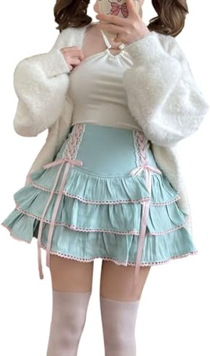 Cuteighteen Lolita Minikjol Kvinnor Byxkjolar Kawaii Lager volanger Hög midja Snörning En linje Söta kjolar för tonårsflickor, Ljusblått, S