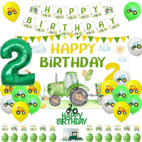 Wonmelody Tractor 2nd Birthday Decorations Green Tractor Happy Birthday Banner Backdrop Tractor Garland Cake Topper Balloons Farm Tractor Party Tractor Birthday Party Decorations Lawnmower Party
