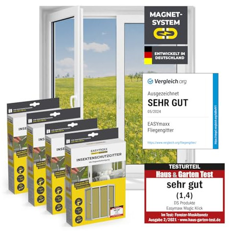 EASYmaxx Fliegengitter für Fenster mit Magic Click | Moskitonetz individuell zuschneidbar für alle Fenster bis 150 x 130 cm | Einfache Montage mit 12 Magneten - kein Bohren oder Schrauben [4 Stück]