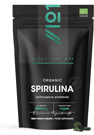 Organic Spirulina & Chlorella 2000mg - 1000 Tablets - Broken Cell Wall Chlorella - Pure Formula Supplement with No Additives - By Alpha01