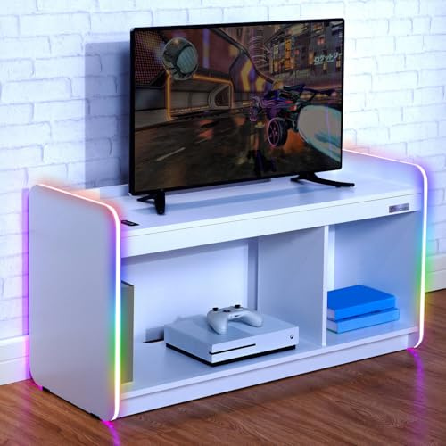 X-Rocker Electra 107cm x 43cm, RGB LED TV Stand Media Centre - Neo Motion™ Sync App Controlled LED Lights, 3 Shelves, Console Storage, 42 TV Compatible, Durable Wooden Frame for Kids & Teens - White