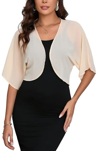 Dosieyeo Dam Bolero shrug chiffong öppen framsida 3/4 ärm beskuren cardigan lätt tunna toppar för klänning, Champagne, M