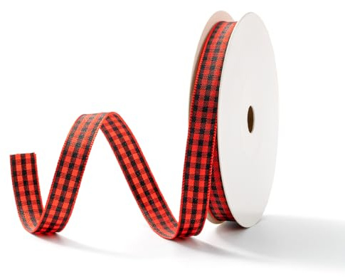 Karoband Schleifenband Kariert Geschenkband 38 mm x 23 m Rot Schwarz | Landhaus Dekoband für Festliche Geschenkverpackungen Strauß Dekoration Weihnachten