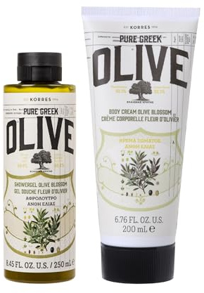 KORRES OLIVE & OLIVE BLOSSOM Körperpflege Set, Geschenkset zum Vorteilspreis für Damen & Herren, mit extra nativem Olivenöl, Duschgel 250 ml + Bodymilk 200 ml, vegan