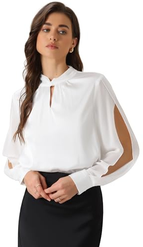 Allegra K Donna Camicetta in Raso Camicia Casual da Ufficio Blusa con Scollo A Buco della Serratura e Maniche A Fessura in Chiffon Bianca S