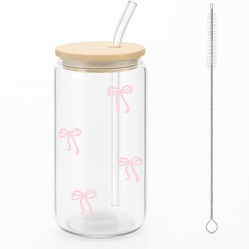 Cosmeria Gobelet en Verre avec Couvercle et Paille, Ensemble Verre à Nœud Rose avec Coffret pour Café Glacé et Boissons, 16 Oz Capacité