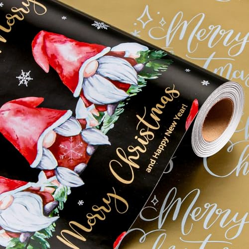 Wikadlik Schwarzes Weihnachts Geschenkpapier Minirolle mit rotem Wichtelmuster im Vintage Stil für Weihnachten und festliche Anlässe – 43cm x 10m