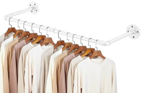 JF HOME BLISS Wall Mounted Clothes Rail Small Garment Bar Towel Holder Industrial Pipe Hanging Rack Vintage Retro Retail Detachable H Wardrobe Rail for Bedroom (White 1pc, 96cm)