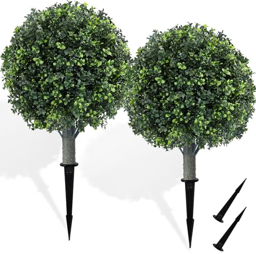 16 Artificial Boxwood Topiary Trees, UV Resistant Outdoor/Indoor Faux Plants Realistic Landscaping Decor for Porch Garden Entryway-2 Pack