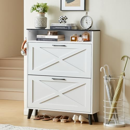 LELELINKY Schmaler Schuhschrank mit 2 Klapp für Flur, Diele, Weiß | Boho, für 16–20 Paar Schuhe, 2 verstellbaren Doppel-Klappschubladen, großen Schubladen, 80x24x113 cm (L x B x H)