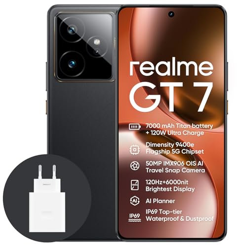 realme GT7, 5G, Smartphone, 12+256GB, 7000 mAh Battery, 120W Charge, Dimensity 9400e Chipset, IMX906 50MP Camera, AI Planner, 6000nits Pro-Esports 120Hz Display, IP69, Black, Amazon Exclusive