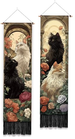 PLIGREAT 2 Packung Vintage Wandteppich Mit Katzenmotiv Boho Blumenn Wandteppich Mit Quasten Ästhetischer Wandbehang Im Bohemian Stil Für Schlafzimmer Wohnzimmer Lange Schmale Wandteppiche