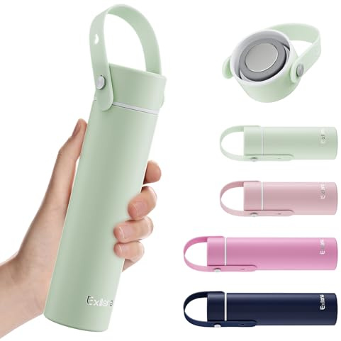 Exllena 300 ml liten vattenflaska med justerbart silikonhandtag tillverkat av 100 % rostfritt stål (kropp + lock), minitallvattenflaska för handväska, läckagesäker (mintkyla)
