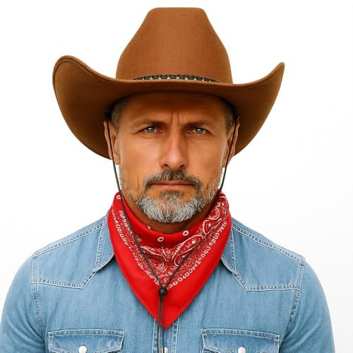 Ximinwzm 2 Pcs Cowboy Hats, Cowboy Hat and Paisley Bandana, Brown Studded Cowboy Hats for Western Cowboy Fancy Dress Costume Halloween Party
