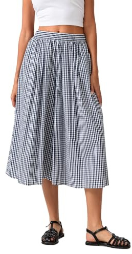 Alaurbeauty Pantalon en toile de coton pour femme - Taille élastique - Vichy - Jambe large - Pantacourt à carreaux - Avec poche latérale, bleu, L