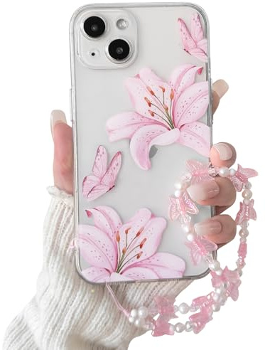 NITITOP for iPhone 14 Case Clear Cute Flower Lily Chain,Pink | for Women Girls, Floral Butterfly Design, with Wrist Strap, Soft TPU Shockproof Cover, Full Camera Protection