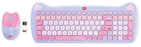 Legami - Tastatur-Set mit 15 Multimedia-Tasten, kabellose Maus mit 3 Geschwindigkeitsoptionen, ideal für das Büro, Thema Meow