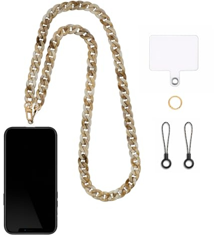 Zscendence Cordon Telephone Portable Universelle avec Patch Chaîne Téléphone Portable Réglable Longue Chaine Laniere en Acrylique Compatibles avec Plupart des Smartphones (Beige)