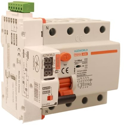 Interruttore Differenziale Salvavita Riarmo Automatico Trifase 63A, 300mA 6kA, RCCB Tipo AC 3P+N 6kA 380V, 3 Tentativi (10s/60s/300s), Occupa 5 Moduli DIN, Display A Led