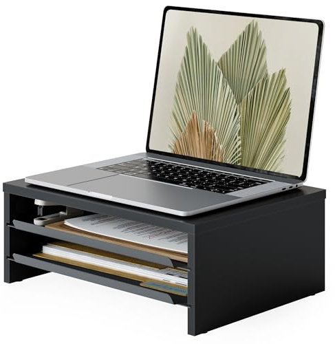 Fenge Monitorständer, 36.4cm, 2 Metall-Schubladen, für Laptop PC ,Schwarz | Handyhalterung, 3-Stufig, Bis 25kg, Rutschfeste Füße, Rand Gegen Herunterfallen, Bildschirm Drucker Schreibtisch Büro Zuhause