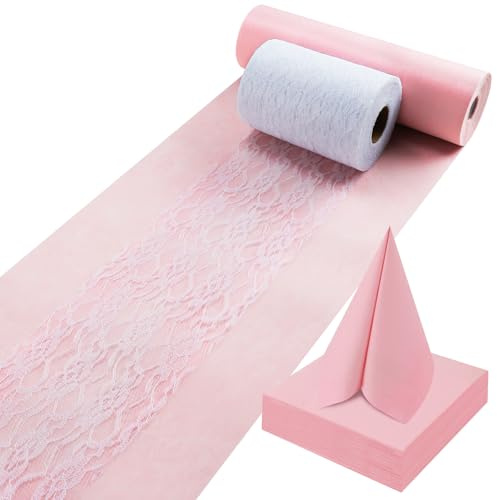 ddckj Vlies Tischläufer Blush Rosé 30 cm x 35 m Tischläufer Rosa Weiße Dekorative Spitzenbänder und Servietten Tischdeko Set für Taufe Kommunion Konfirmation Hochzeit und Geburtstag