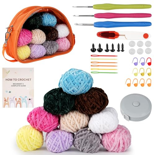 YUMILI Kit da 36 pezzi all'uncinetto per principianti, set di uncinetti ergonomici, marcatori per adulti e bambini, per bambole fai da te e artigianato genitore-figlio (ciniglia tinta unita)