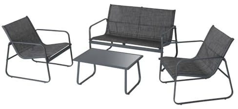 MONTY Conjunto Exterior Antracita, 1 Sofá, 2 Sillones y 1 Mesa, diseño Chic | Tratamiento anticorrosión y UV. Resistente estructura de acero, tejido reforzado y mesa con cristal templado. Jardín, terraza