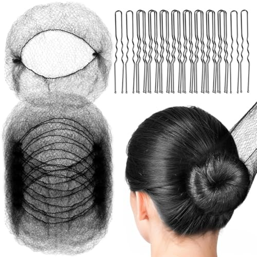 EJRUP Retine per Capelli Invisibili per Chignon, 20 Retine Invisibili per Capelli con 40 Forcine Per Capelli, Capelli Elasticizzati, per Balletto, Danza, Infermiera, Donna (Nero)