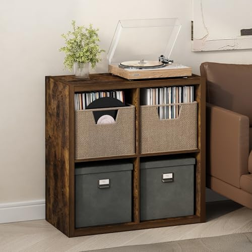 Furinno Cubicle Plattenspieler Regal mit Vinyl Aufbewahrung, 4-Würfel 1.2 Extra Dicke Vinyl Aufbewahrung, Offen Rückseitiges Medienregal für CD DVD Blueray Spiel Discs, für Wohnzimmer, Amber Pine