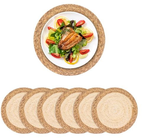 Juego de 6 manteles individuales redondos tejidos a mano de 30 cm, manteles individuales trenzados naturales bohemios, resistentes al calor, de mimbre rústico para mesa de comedor, decoración de